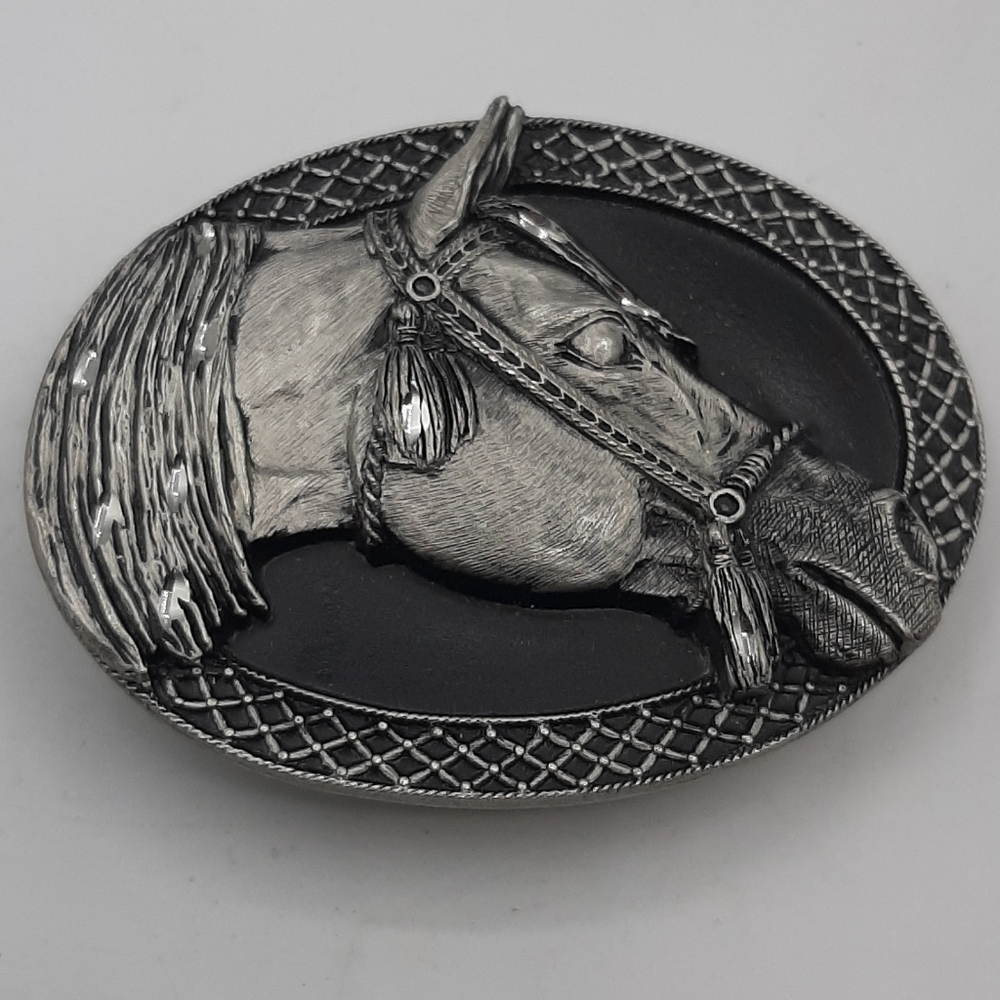 Vintage Cowboy Belt Buckle BERGAMOT Arabian Horse 1990 Beauty Brains Courage